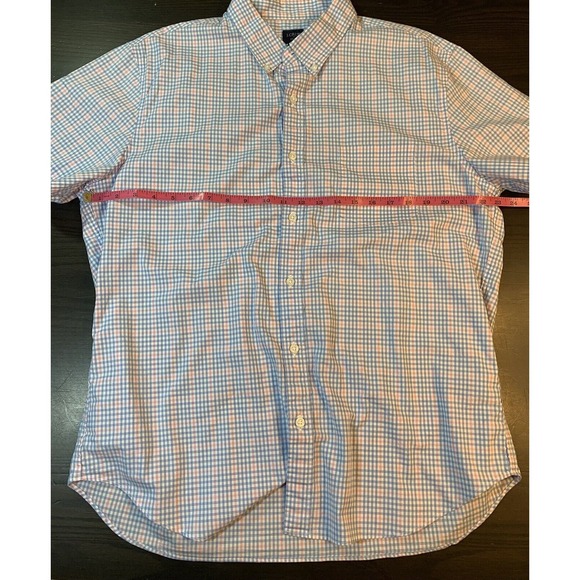 J Crew Button Shirt Mens XL 17-17.5 Flex Short Sleeve Blue Pink Check Stretch - Picture 7 of 12